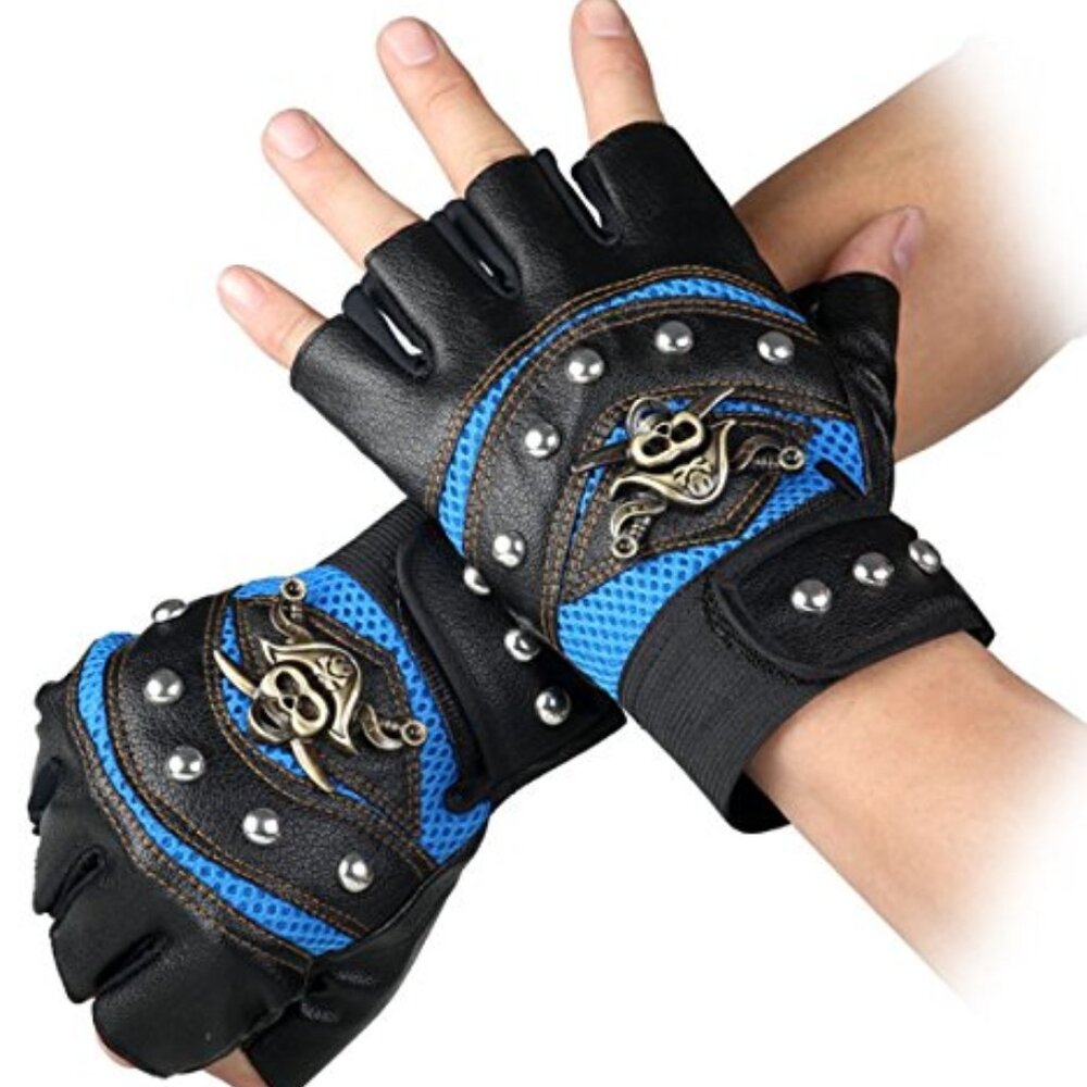 Steampunk Gothic Gloves Mens Vintage Geuuine Leather Captain Fingerless Mittens